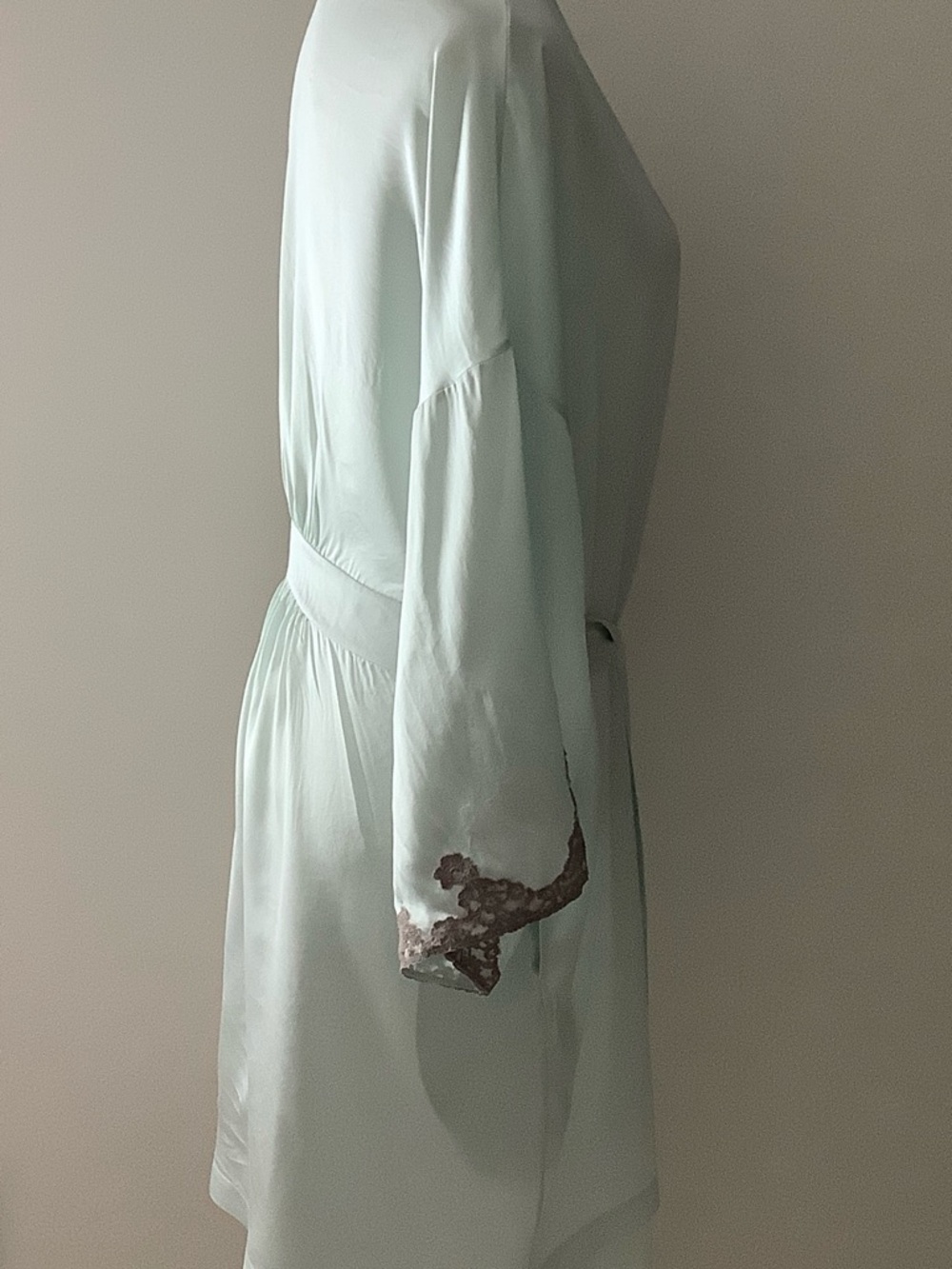 Mint Satin Wrap Robe with Brown Lace Trim - Women Intimates